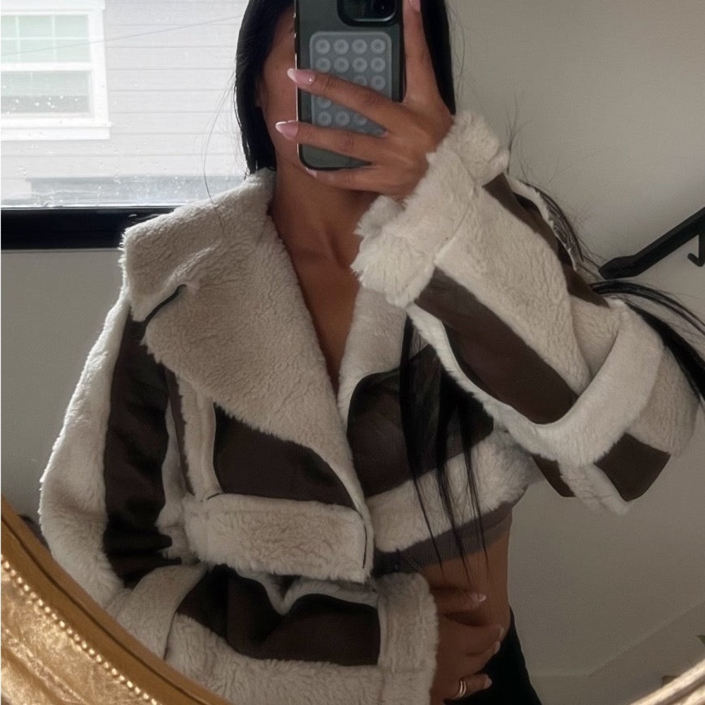 Women's Shearling Jacket - Cream and Brown - Picture 1 of 3